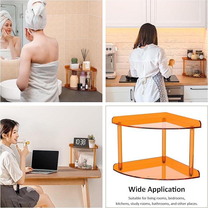 Sezanrpt 2 Tier Acrylic Corner Shelf Organizer Storage 9.5x9.5x8 Inch, Orange Countertop Corner Shelf for Bathroom, Kitchen, Bedroom, Office, Study Room