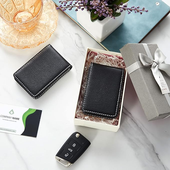 Outus 2 Pieces Business Card Holder, PU Leather Business Card Case Pocket Wallet with Magnetic Shut for Christmas Gift Men Women(Black, Classic)