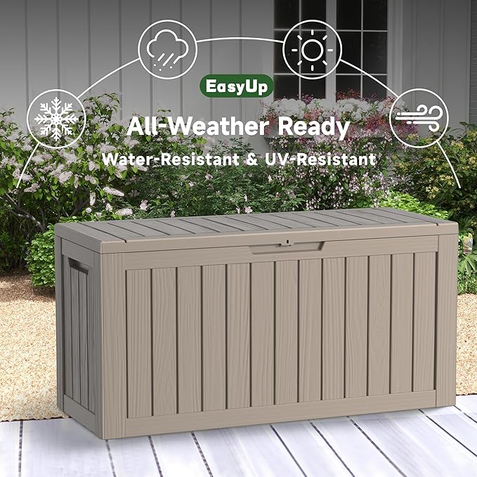 EasyUp 90 Gallon Deck Boxes Waterproof, Outdoor Large Storage Boxes with Lids, Outside Resin Storage Box & Deck Boxes for Patio, Garden Use(Gray)