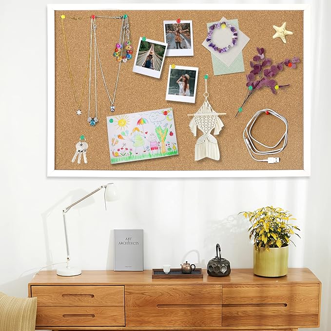 FEBSNOW Cork Board Bulletin Board 23 x 15.7 Inches with Rectangle White Frame Hanging Pin for Walls Office Message Board or Vision Board Decoration