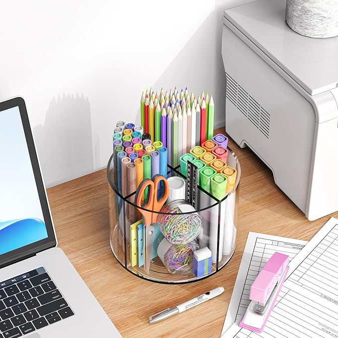 Wawocs Small Pencil Organizer for Desk Acrylic 4 Compartments, Tiny Rotating Art Supply Organizer Kids, Spinning Round Marker Small Clear Desktop Caddy Swivel Office Pen Pencil Holder