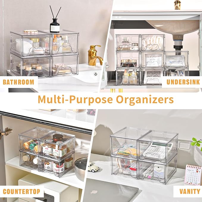 Stebopum 8 Pack Stackable Makeup Organizer, 4.4'' Tall Acrylic Bathroom Makeup Organizer and Storage Drawer with Pull-out Handle, Clear Plastic Storage Bins for Vanity,Pantry,Desk,Undersink,Kitchen