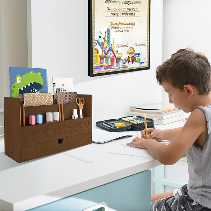 Bamboo Mail Organizer Countertop Desktop With Drawer - All-in-One Desk File Organizer for Office Supplies Storage With Pencil Holder (Walnut)