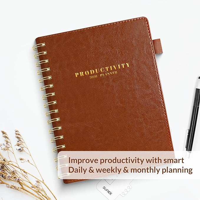 SUNEE 2026 Planner 5.9" x 8.3" – Dated Productivity Planner for Time Management - Daily,Weekly & Monthly Planner to Achieve Goals - Planner 2026 dated from January 2026 – December 2026,Brown