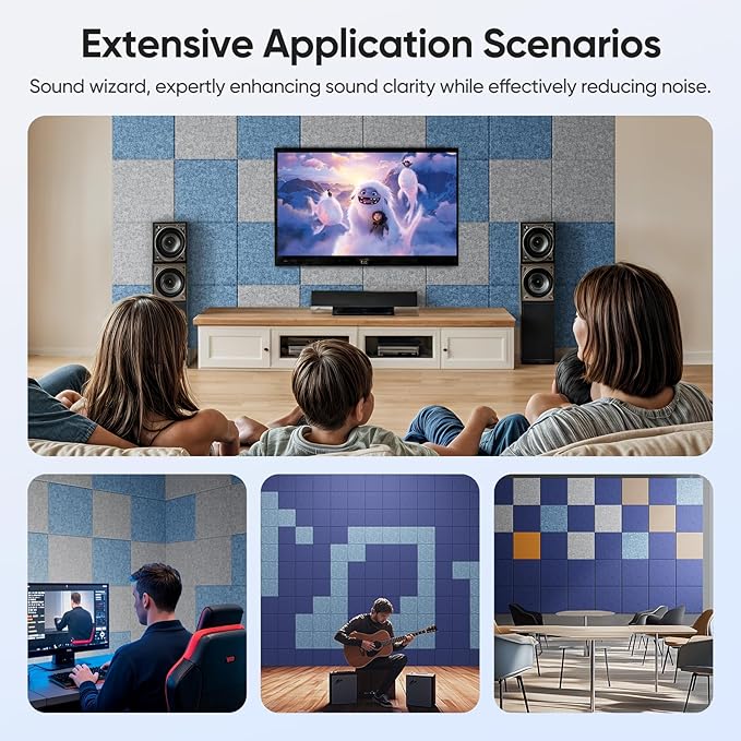 UNECHO 12 Pack 12" X 12" X 0.4" Acoustic Panels for Wall Sound Absorbing,Square Self-Adhesive Sound Panels, High Density Suitable for Multiple Scenarios(Light Sky Blue)