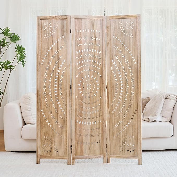 66.9Inch Folding Room Divider, 3 Panels Wood Carved Privacy Screens, Free Assembled Freestanding Partition for Home Office Restaurant Bedroom (Natural)