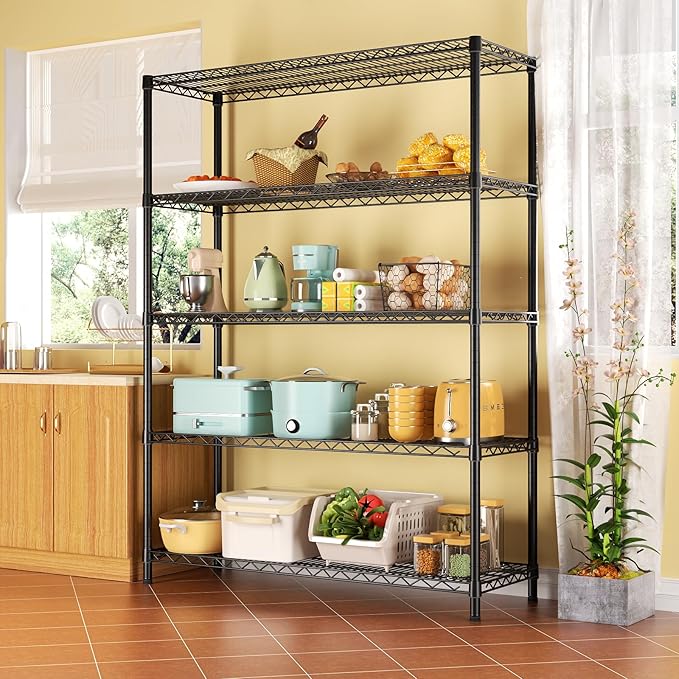 SINGAYE 5 Adjustable Heavy Duty Garage Shelving Wire Shelves Metal Standing Units Bathroom Organizers and Storage Shelf Closet Metal Pantry Kitchen 18" DX46 WX77 H Black