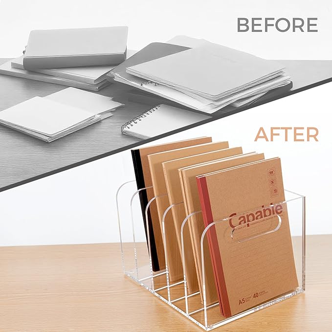 AIMOLLY Clear Acrylic Organizers - 5 Vertical Compartments Acrylic Folder Organizer & File Organizer, Desk Document Storage Bins for Magazines, Binders - Multipurpose Home Office Desk Organizer