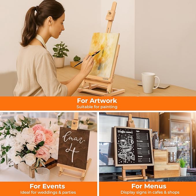 VISWIN 25" H-Frame Tabletop Easel for Painting, Adjustable Beech Wood Table Top Easel, Portable Art Easel for Adults, Artists, Beginners, Holds Canvas up to 15" – Natural