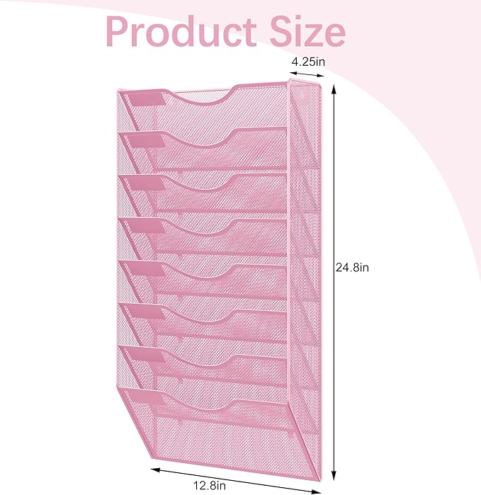 EasyPAG 8 Pocket Mesh Wall File Organizer, Hanging Paper Folder Holder with Classify Label, Vertical Wall Mount Mail Organizer for Office Home Classroom, Pink