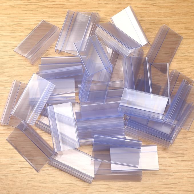 Qunclay 100 Pcs Shelf Label Holder Glass Wood 1.25 x 3 Inches Clear Plastic Clip on Labels Shelf Tags for Wire Shelving 0.15'' to 0.4'' Shelves Sign Price Tags
