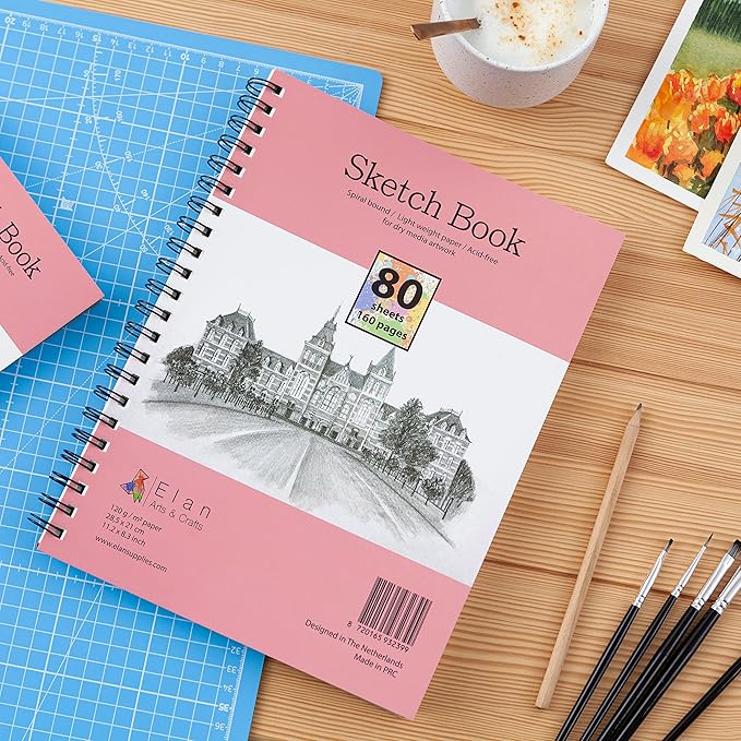 Elan A4 Sketchbook, 80 Sheets Italian Paper 80 lb/120 GSM, Acid-Free Sketch Book 11.7x8.3 Inch, White Drawing Paper Pad, Spiral Bound Sketchbook A4