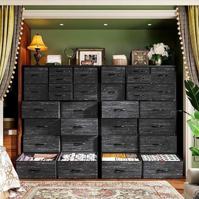 Romorgniz 57“H Dresser for Bedroom with Drawers, Fabric Dressers & Chests of Drawers, Large Black Dresser with Sturdy Metal Frame, Wood Top,Entryway, Hallway