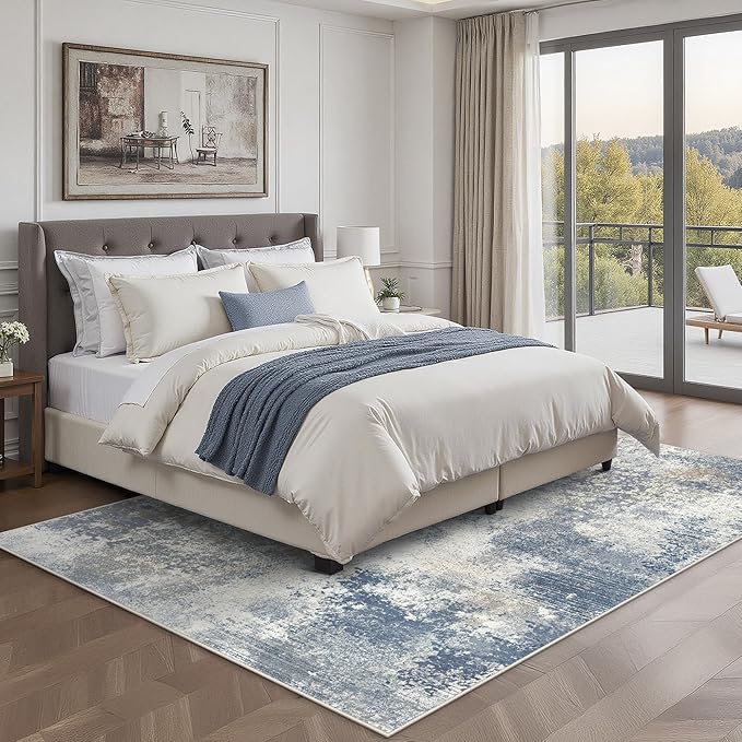 GENIMO Washable Area Rugs for Living Room, 8x10 Modern Non Slip Rugs, Low Pile Lightweight Soft Print Rug for Bedroom, Dining Room, Home Office,Washed Sky Blue