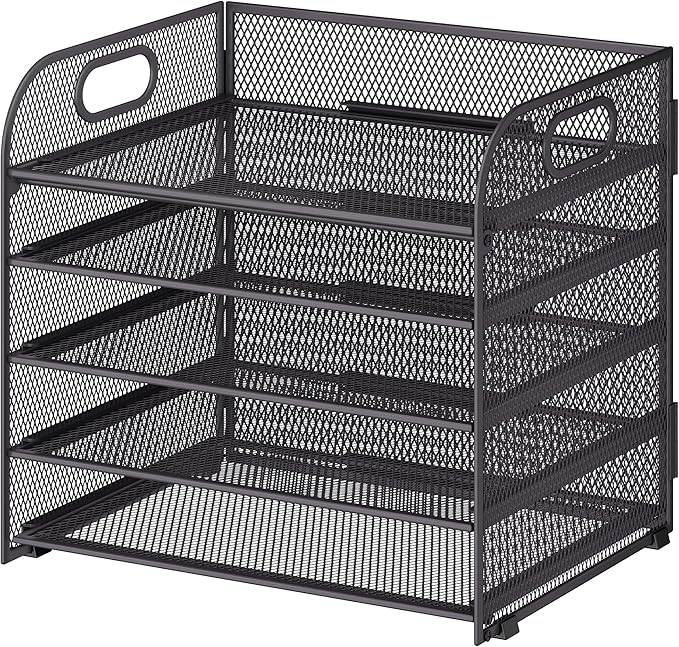 Cawukege 5 Tier Paper Organizer with Handle, Metal Mesh Desk Organizer File Folder Paper Letter Tray Desktop Document Sorter for Classroom, School, Office Accessories Organization and Storage - Grey