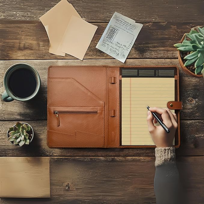 LEATHER VILLAGE Portfolio Professional Organizer – Carbon Fiber Genuine Leather Padfolio Resume Folder for A4 Letter Pad with Pen Holder, Business Card Slots & Writing Pad – Ideal for Men & Women-Tan