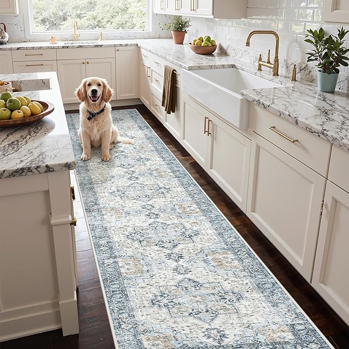 GENIMO Runner Rug 2'6''x10, Non Slip Vintage Hallway Runner Rugs, Low Pile Lightweight Machine Washable Mat for Hallway, Entryway, Bedroom, Kitchen and Corridor, Blue