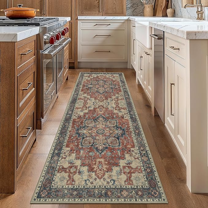 GENIMO 2x5 Runner Rugs for Hallway, Machine Washable Non Slip Vintage Rugs, Low Pile Lightweight Soft Print Rug for enrtyway, Corridor, Home Office, Kitchen, Bordeaux