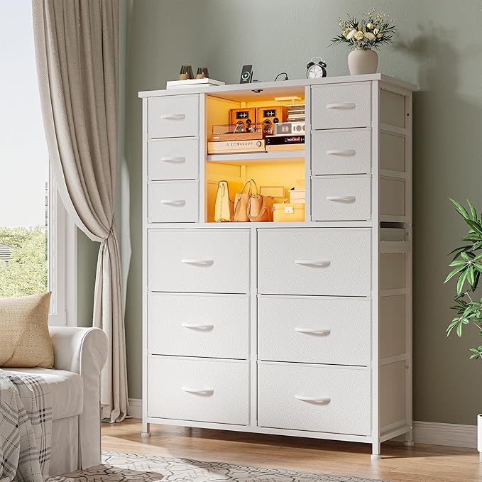 EnHomee Dresser for Bedroom with Drawers, Charging Station & LED Light, Large White Dresser for Hallway, Living Room, Entryway, Wooden Top, Metal Frame, 50.6" H x 37.8" W x 11.8" D