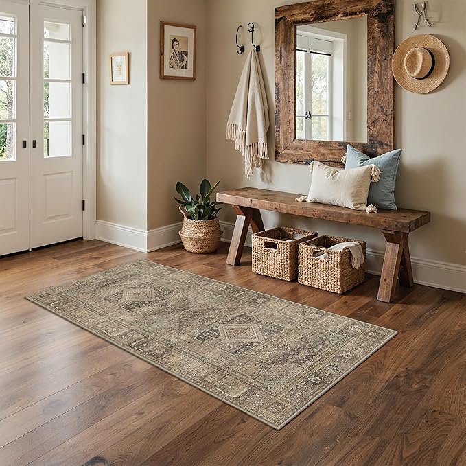 GENIMO Runner Rug 2x5 Non Slip Machine Washable Hallway Runner Vintage Rug, Low Pile Lightweight Rugs for Entryway, Hallway, Kitchen and Corridor, Chestnut Brown