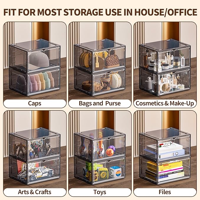 TOFWOF 8 Pack XX Large Shoe Organizer, Heavy-Duty Hard Thicken Plastic Clear Stackable Shoe Storage Box Organizer for Closet, Space-Saving Shoe Rack Display Case Bin Containers for Sneakers, Grey