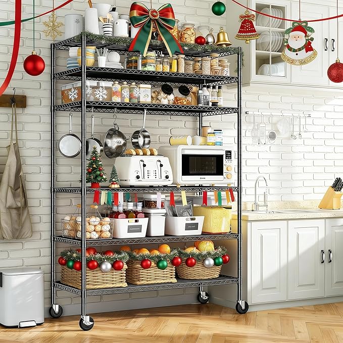 Romorgniz 82" H X45 W X18 D Storage Shelves with Wheels, 6 Tier Wire Shelving Adjustable Metal Shelving Pantry Shelves Capacity 1200LBS for Garage Shelving, Pantry, Kitchen, Closet, Commercial, Black