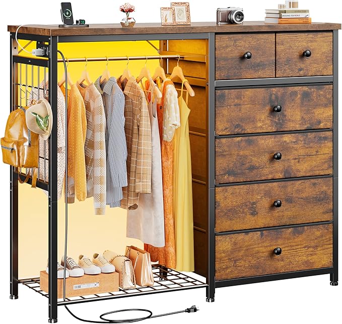 EnHomee 49.2" W Dresser with Hanging Rack & 6 Fabric Drawers – Wooden Top Organize Unit Featuring LED Lights, Charging Station & Grid Panel & Hooks for Bedroom, Rustic Brown