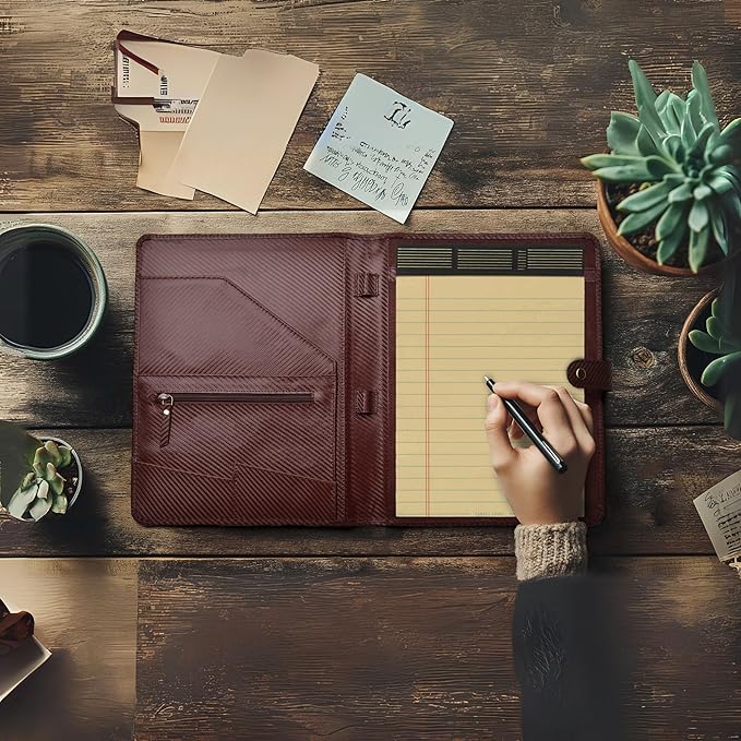 LEATHER VILLAGE Portfolio Professional Organizer– Carbon Fiber Genuine Leather Padfolio Resume Folder for A4 Letter Pad with Pen Holder, Business Card Slots & Writing Pad– Ideal for Men & Women-Brown