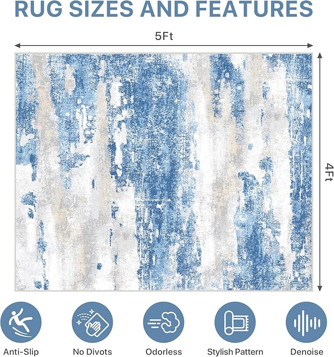 Office Chair Mat for Hardwood Tile Floor, Abstract 48"X 60" Desk Mats for Office Chair on Rolling Chairs Carpet, Desk Anti-Slip 1/5" Thick Rug for Computer Chair, Thin Low-Pile Floor Mat, Blue Cream