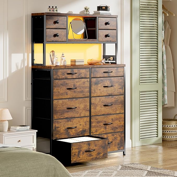 EnHomee 62.8" H Dresser for Bedroom with Multiple Drawers,Fabric Dresser with Charging Station and LED Lights,Dressers & Chests of Drawers for Bedroom, Steel Frame & Wooden Top,Rustic Brown