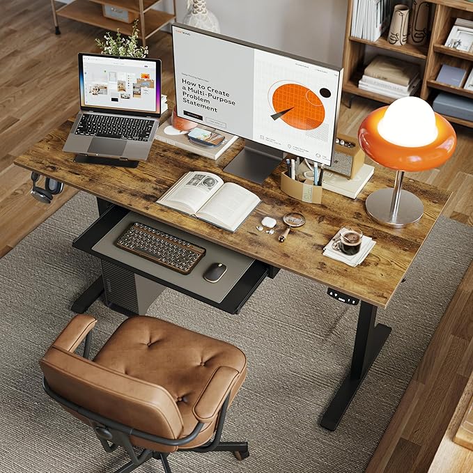 Agilestic Height Adjustable Desk with Keyboard Tray, 63 x 24 Inches Electric Standing Desk, Stand up Computer Table with Memory Preset, Modern Lift Motorized Gaming Workstation, Rustic Brown