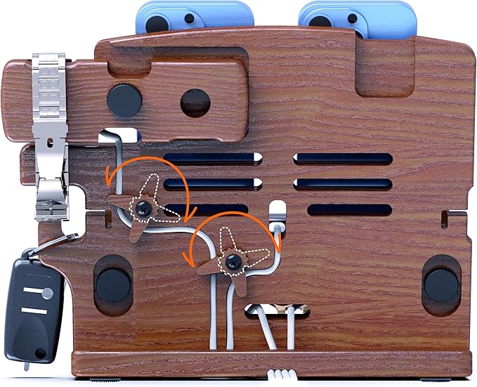 MED Wood Phone Docking Station – Nightstand Desk Organizer for Phone, Watch, Wallet & Tablet – Gift for Men, Husband, Dad & Women – Wooden Charging Stand, (Dark Walnut, Model 2)