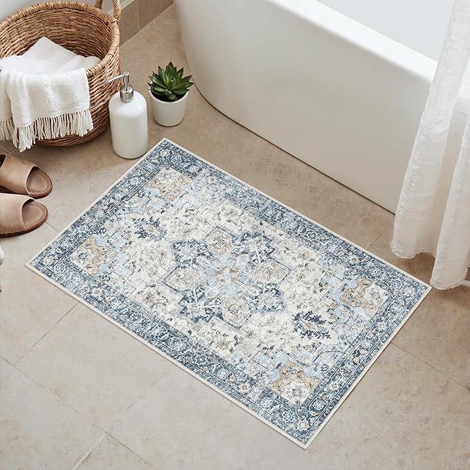GENIMO Area Rug 2x3 Doormat, Machine Washable Low Pile Vintage Rugs, Small Lightweight Rug Entryway Indoor Mat for Entrance, Hallway, Kitchen and Corridor, Blue