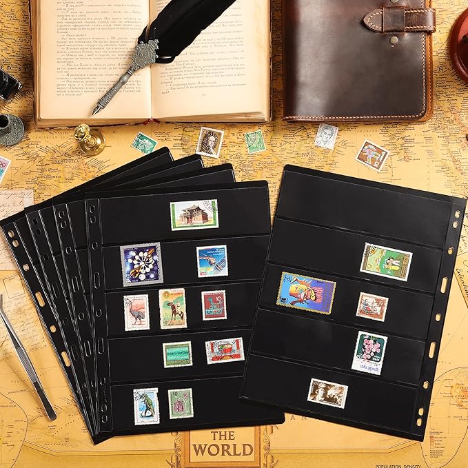 5 Sheets 10 Pages Postage Stamp Album Pages, 5 Pockets 7.7x 1.97in Stamp Collection Inserts, 9 Hole Standard Stamp Collecting Album Sleeves for Stamp Collection Binder IS010510