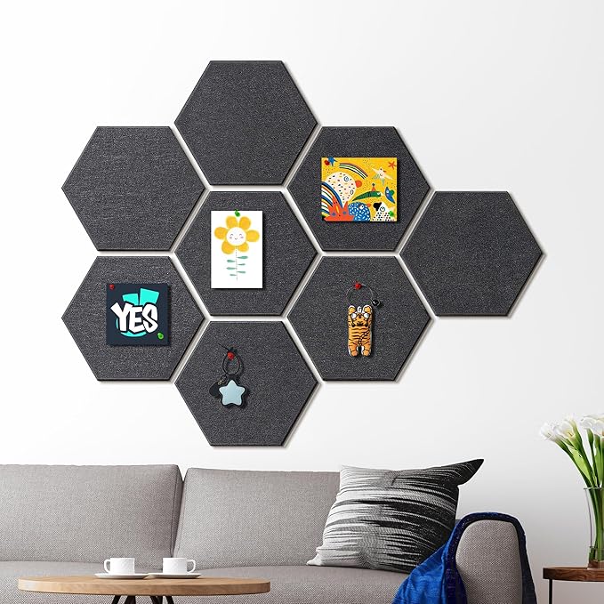 12'' Large Hexagon Cork-Bulletin Boards for Walls, Self-Adhesive Modern Corkboard, Frameless Felt Pinboard, Prayer-Vision Pin Board for Office, Pack of 8 Hex Cork Tiles with 30 Pushpins