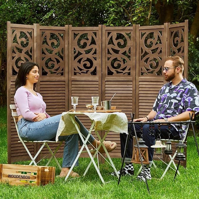 Room Divider Wood Carved Wall Divider Indoor Folding Portable Partition Screen for Home Office Garden Terrace - 6 Panel, 67 * 90inch (Dark Brown)