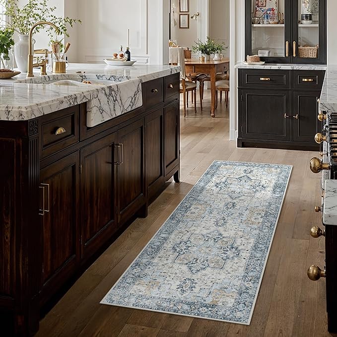 GENIMO Runner Rug 2'6"x7, Non Slip Vintage Hallway Runner Rugs, Low Pile Lightweight Machine Washable Mat for Hallway, Entryway, Bedroom, Kitchen and Corridor, Blue
