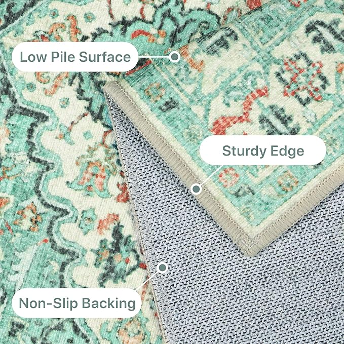 GENIMO Machine Washable 8x10 Area Rugs for Living Room, Non Slip Vintage Rugs, Low Pile Lightweight Chenille Print Rug for Bedroom, Dining Room, Home Office, Sky Blue