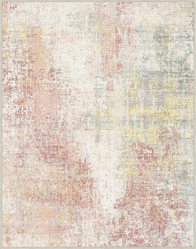 GENIMO Washable Area Rugs for Living Room, 8x10 Modern Non Slip Rugs, Low Pile Lightweight Soft Print Rug for Bedroom, Dining Room, Home Office, Washed Pink