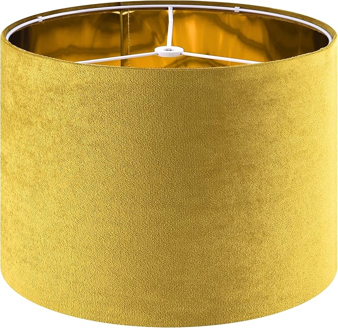 GO&SO Set of 2 Large Drum Yellow Velvet Lamp Shade -16" Top x 16" Bottom x 12" High(Spider) Modern Lamp Shades For Table Lamps & Bedside Lamp Replacement Lampshade, Hand Crafted, Required Assembly