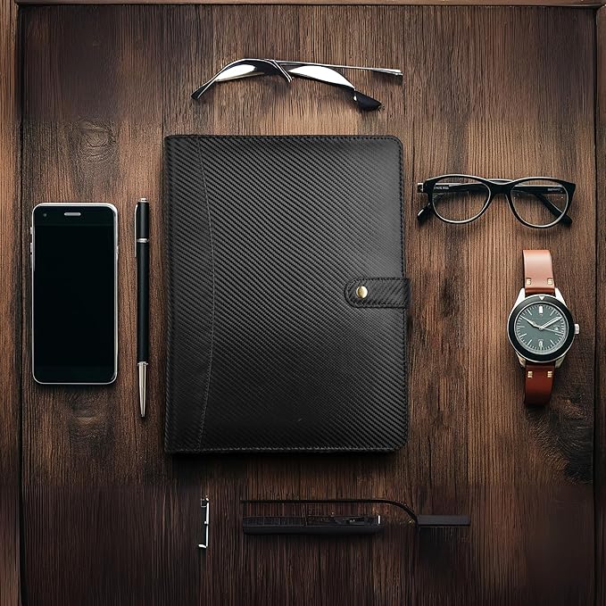 LEATHER VILLAGE Portfolio Professional Organizer – Carbon Fiber Genuine Leather Padfolio Resume Folder for A4 Letter Pad with Pen Holder, Business Card Slots – Ideal for Men & Women - Black