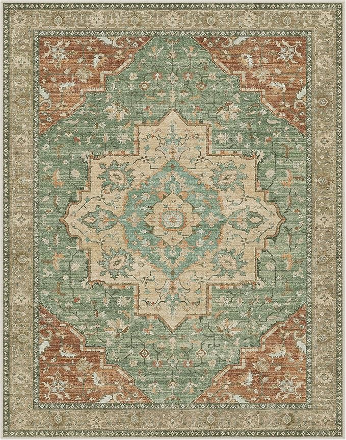 GENIMO 8x10 Area Rugs for Living Room, Machine Washable Non Slip Vintage Rugs, Low Pile Lightweight Chenille Print Rug for Bedroom, Dining Room, Home Office