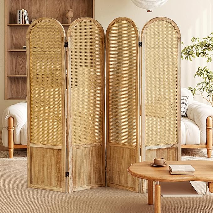 Asnefeli Room Divider 4 Panel, Folding Privacy Screen, Foldable Wood Divider Room Dec, Rattan Room Divider, Portable Partition Screen, Wall Divider for Room Separation Bedroom Home Office (Natural)
