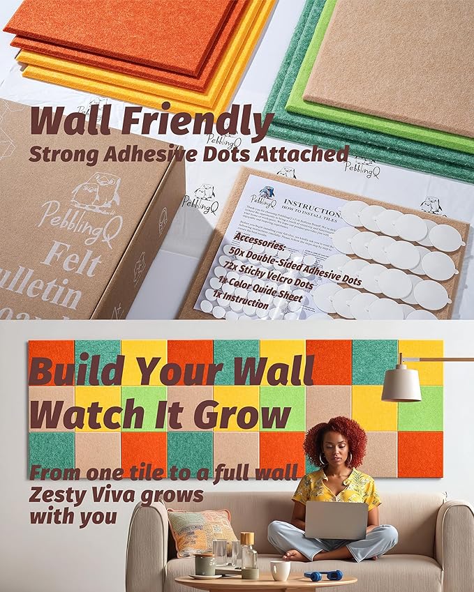 Felt Wall Tiles Bulletin Boards, Colorful Square Modular Design, Removable Cork Board Alternative for Wall, Felt Display Panels for Home, Office, Playroom 11.8”x11.8”, 9 Pack (Zesty Viva)