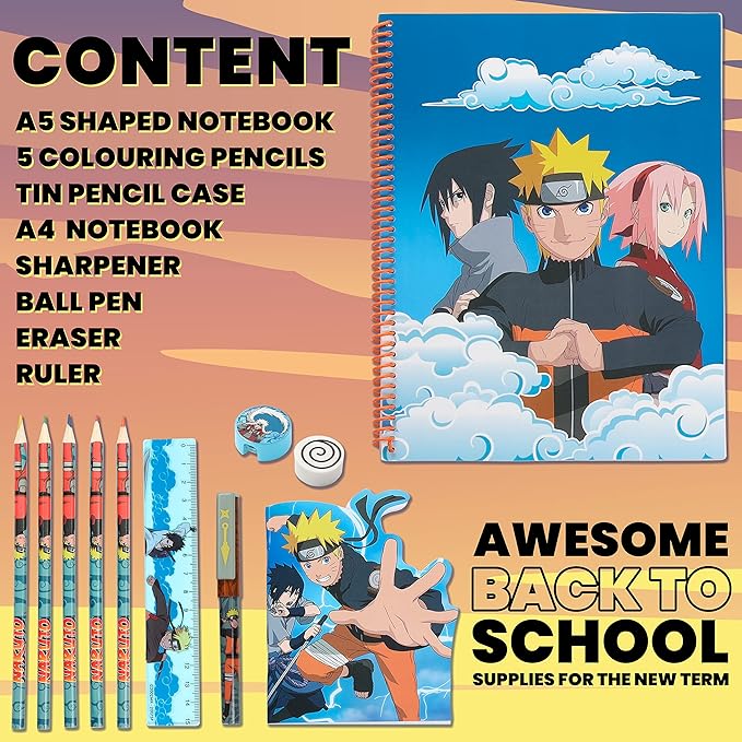 Naruto Stationery Set with Colouring Pencils Tin Pencil Case Childrens Notebooks Bumper Stationery Pack Anime Stationery Set School Supplies Anime Gifts for Boys