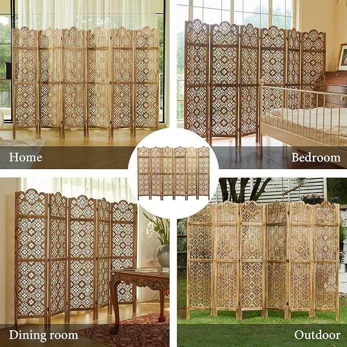 68.9Inch Folding Room Divider, 6 Panels Wood Carved Privacy Screens, Free Assembled Privacy Screen Decorative Partition for Home Office Restaurant (Dark Brown)
