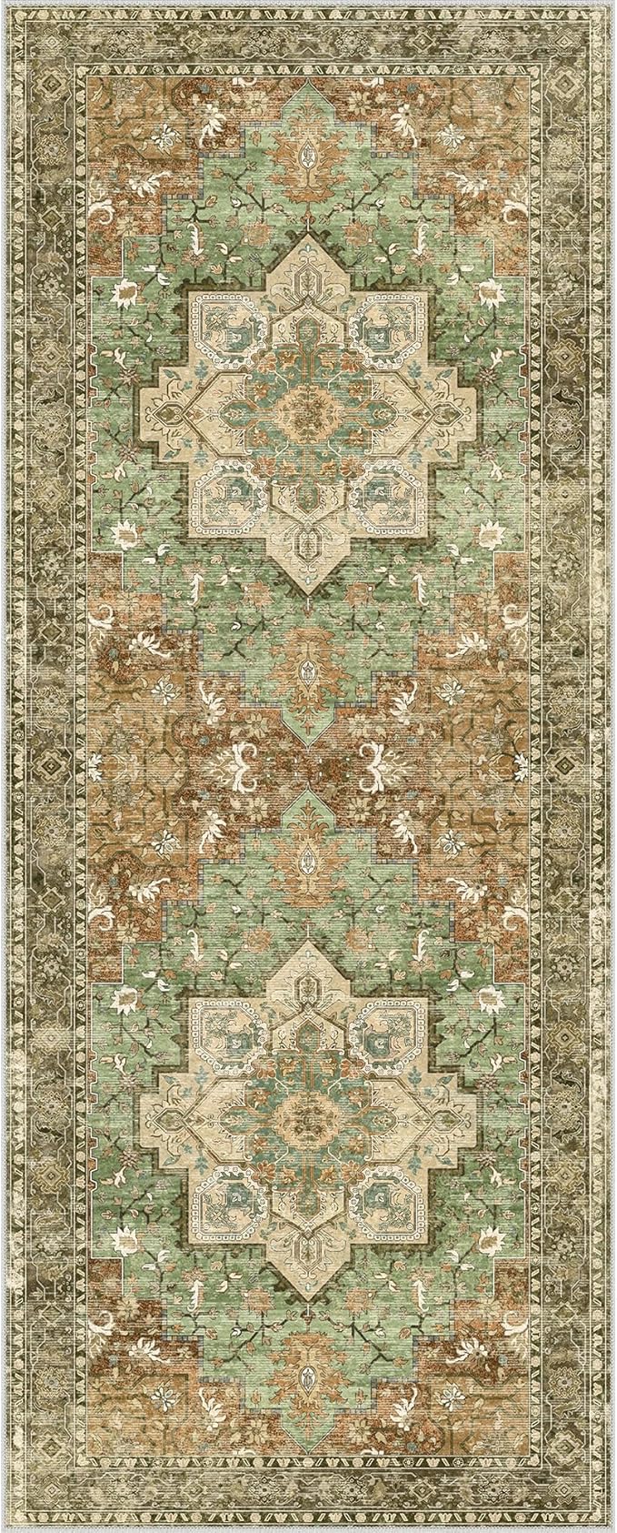 GENIMO 2x5 Runner Rugs for Hallway, Machine Washable Non Slip Vintage Rugs, Low Pile Lightweight Soft Print Rug for enrtyway, Corridor, Home, Office, Kitchen, Muted Green Brown