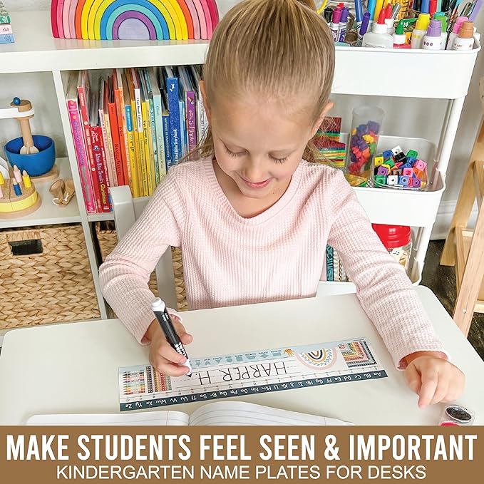 Desk Name Tags for Classroom -25 Student Name Plates for Classroom Kindergarten, Preschool, 1st, 2nd & 3rd Grade, 13x3 Teacher Nameplates for Student Desks, Boho Nametags