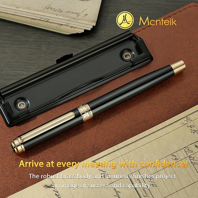 MCNTEIK 317 Fountain Pen,Stunning Luxury Piano Lacquer,18K Gilded Nib(Medium),Gorgeous 24K Gold Finish, Ink Converter,Trustworthy Gift for Men&Women-Elegant,Executive,Nice Pens for Writing, BK-M
