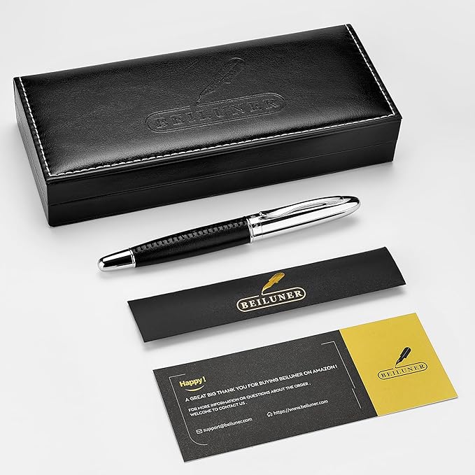 BEILUNER 318 Luxury Personalized Leather Pen, Hand-Stitched Premium Black Leather, Chrome-Plated Finish, Schmidt Refill, Fancy Rollerball Pen Gift Set for Men & Women, Executive, Nice Designer pen